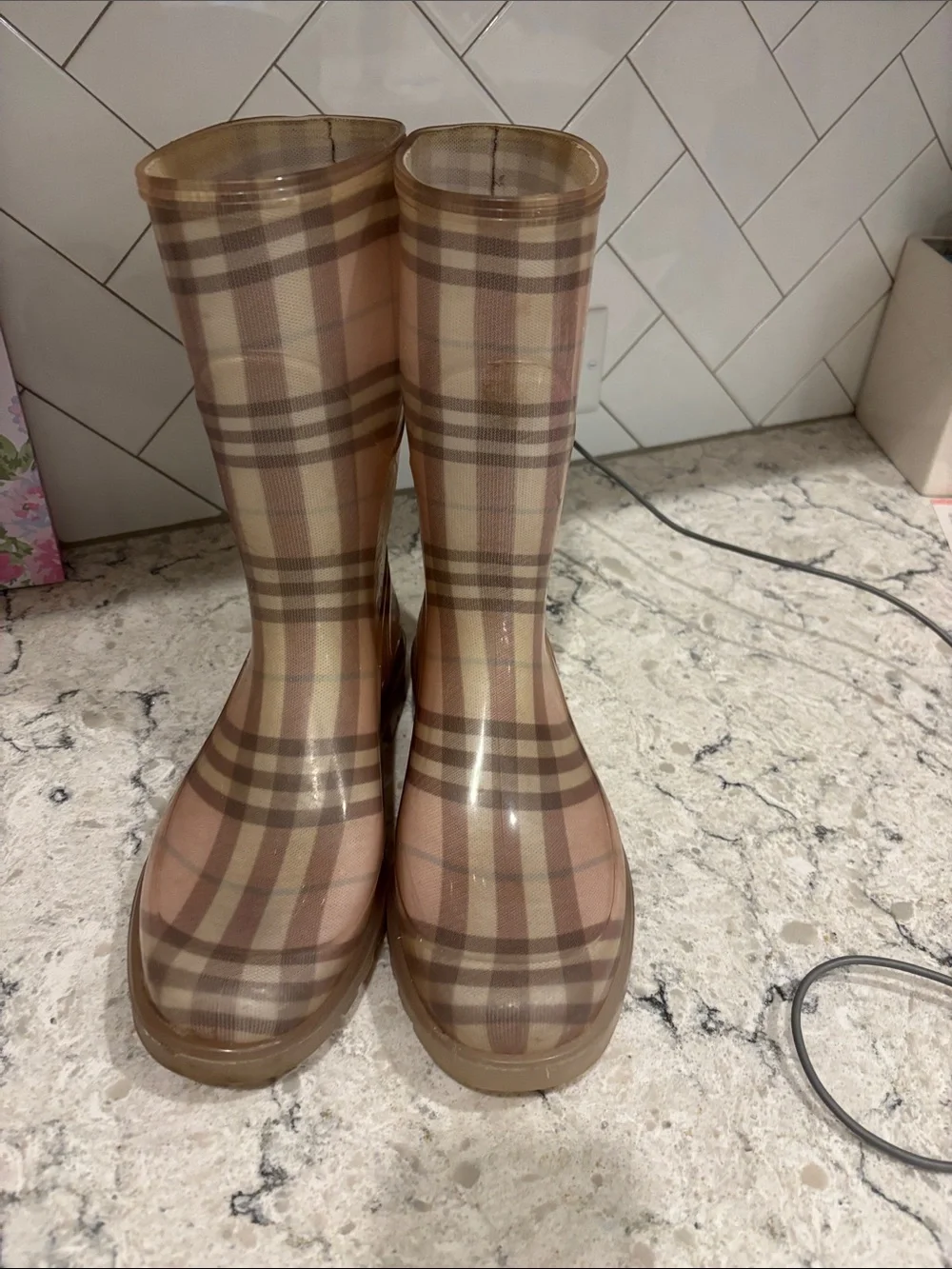 Pink Burberry rain boots